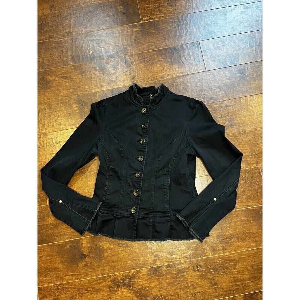 Ambition Womens Black stretchy cotton gold button down light jean style jacket S